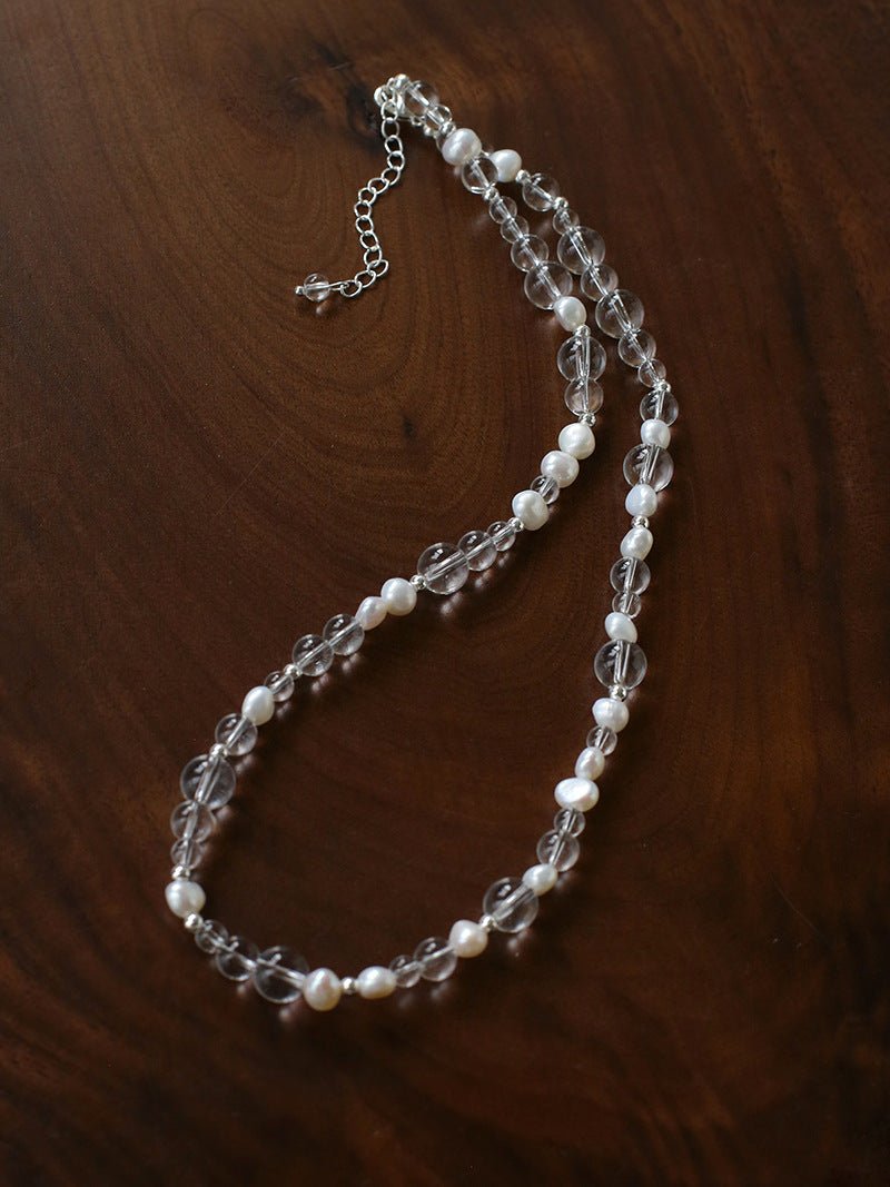 Classic Clear Quartz & Freshwater Pearl Beaded Necklace - Elegant Layering Strand Choker - floysun