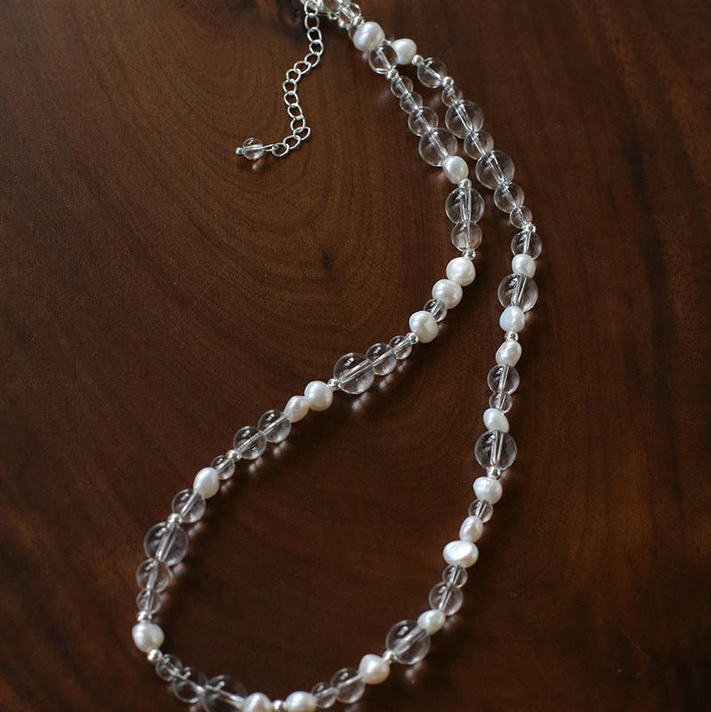 Classic Clear Quartz & Freshwater Pearl Beaded Necklace - Elegant Layering Strand Choker - floysun