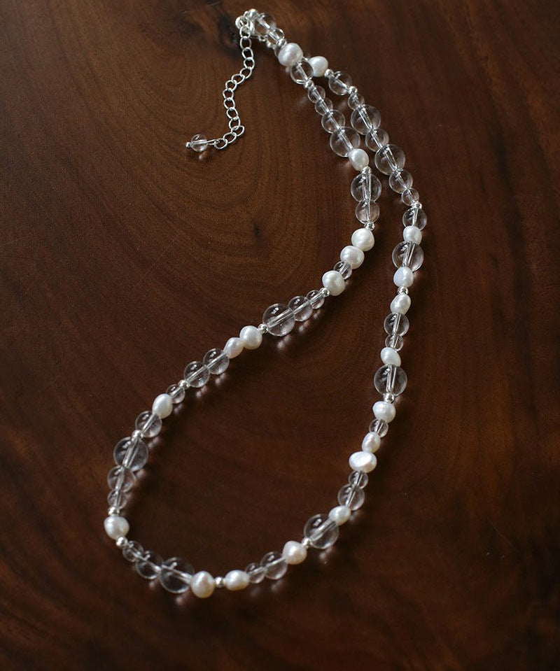 Classic Clear Quartz & Freshwater Pearl Beaded Necklace - Elegant Layering Strand Choker - floysun