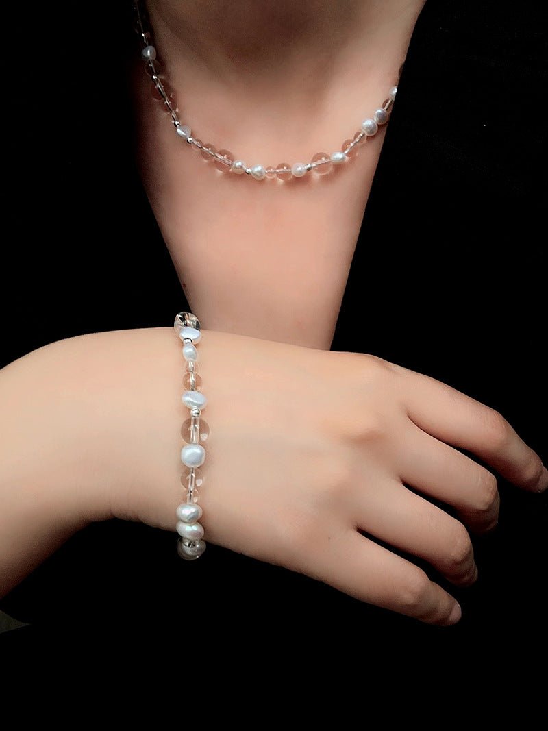 Classic Clear Quartz & Freshwater Pearl Beaded Necklace - Elegant Layering Strand Choker - floysun
