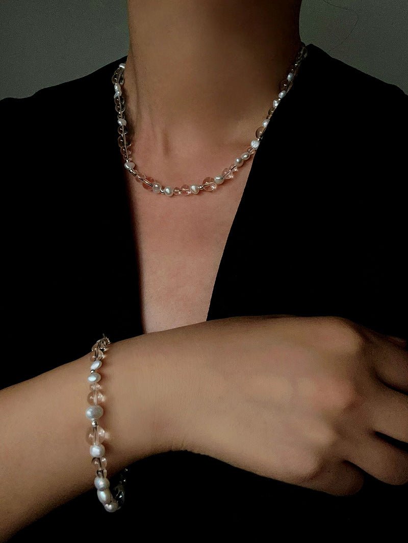Classic Clear Quartz & Freshwater Pearl Beaded Necklace - Elegant Layering Strand Choker - floysun