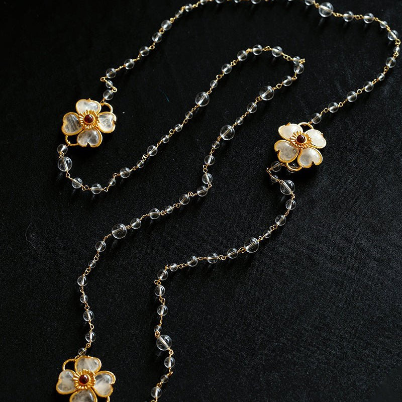 Classic French Romance Clover Long Necklace - White Crystal - floysun