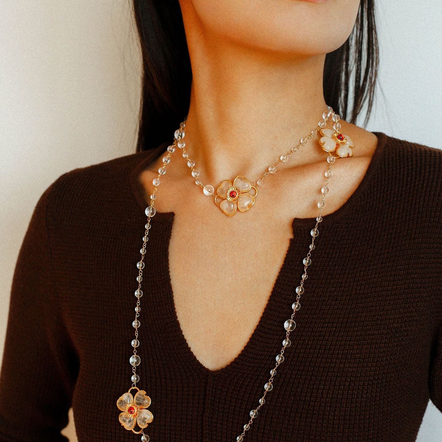 Classic French Romance Clover Long Necklace - White Crystal - floysun