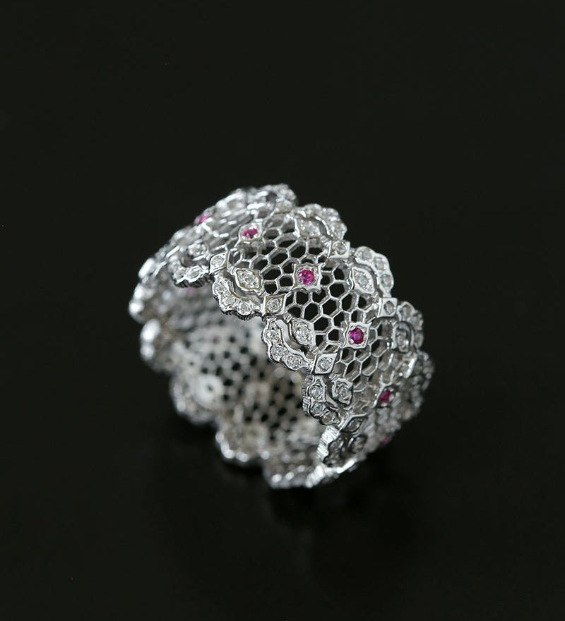 Classic Lace Crown Ring - Silver / Pink Accents - floysun