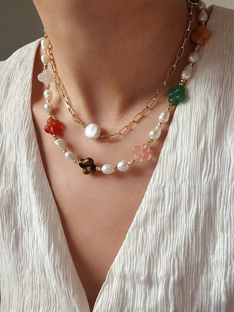 Clover Gemstone & Pearl Necklace - floysun