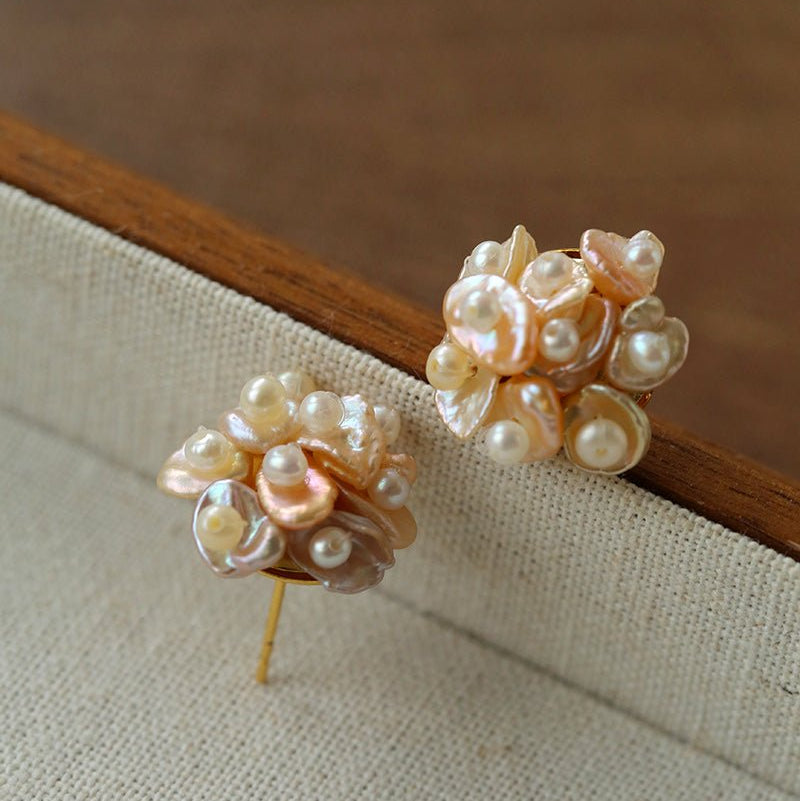 Cluster Pink & Purple Freshwater Pearl Earrings – Blooming Cherry Blossom Design - floysun