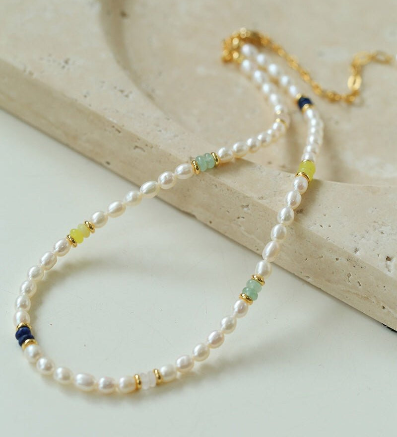 Colored Gemstone and Rice Pearl Beaded Necklace - floysun