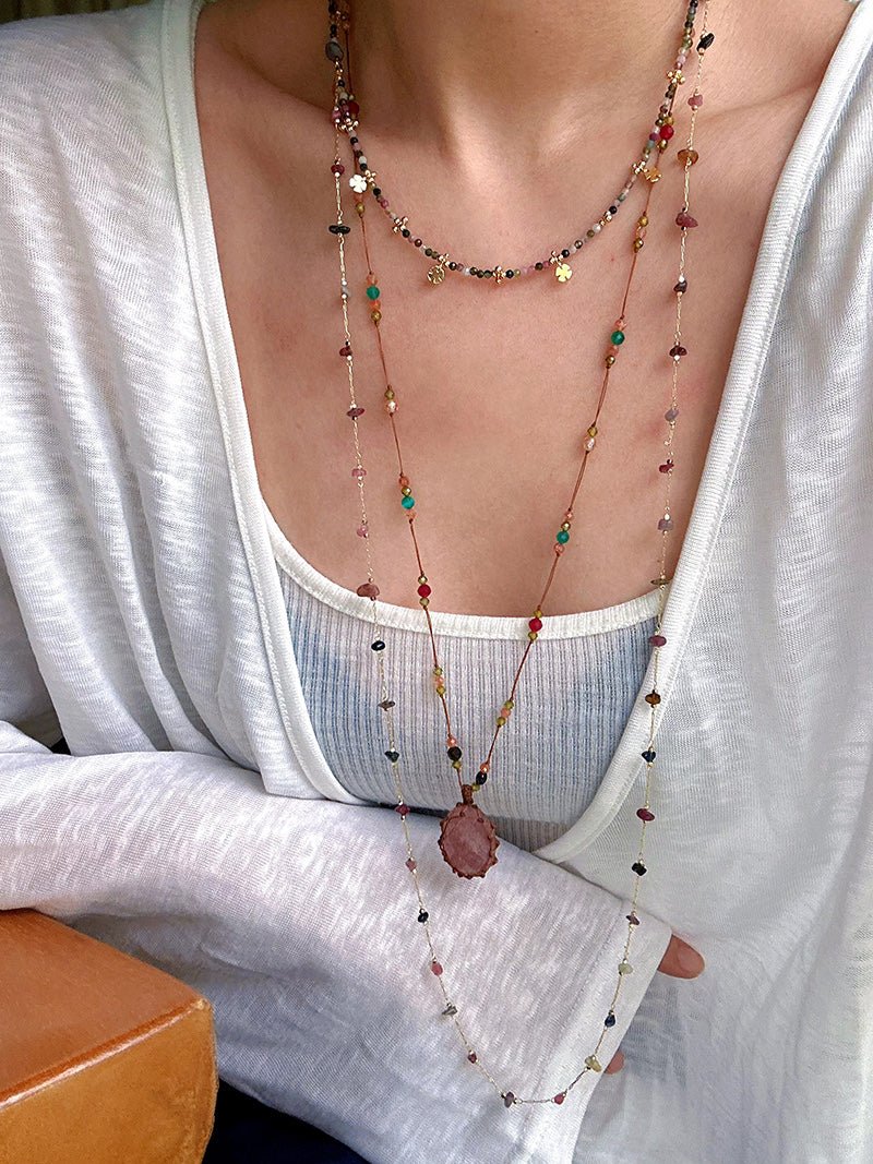 Colorful Chip Bead Starry Collarbone Necklace (Turquoise & Tourmaline) - floysun