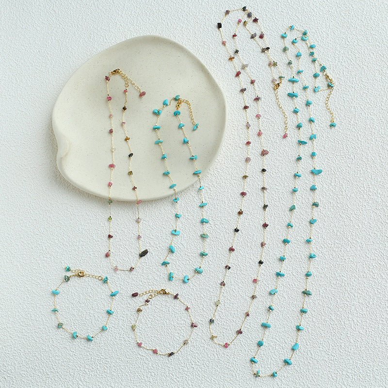 Colorful Chip Bead Starry Collarbone Necklace (Turquoise & Tourmaline) - floysun