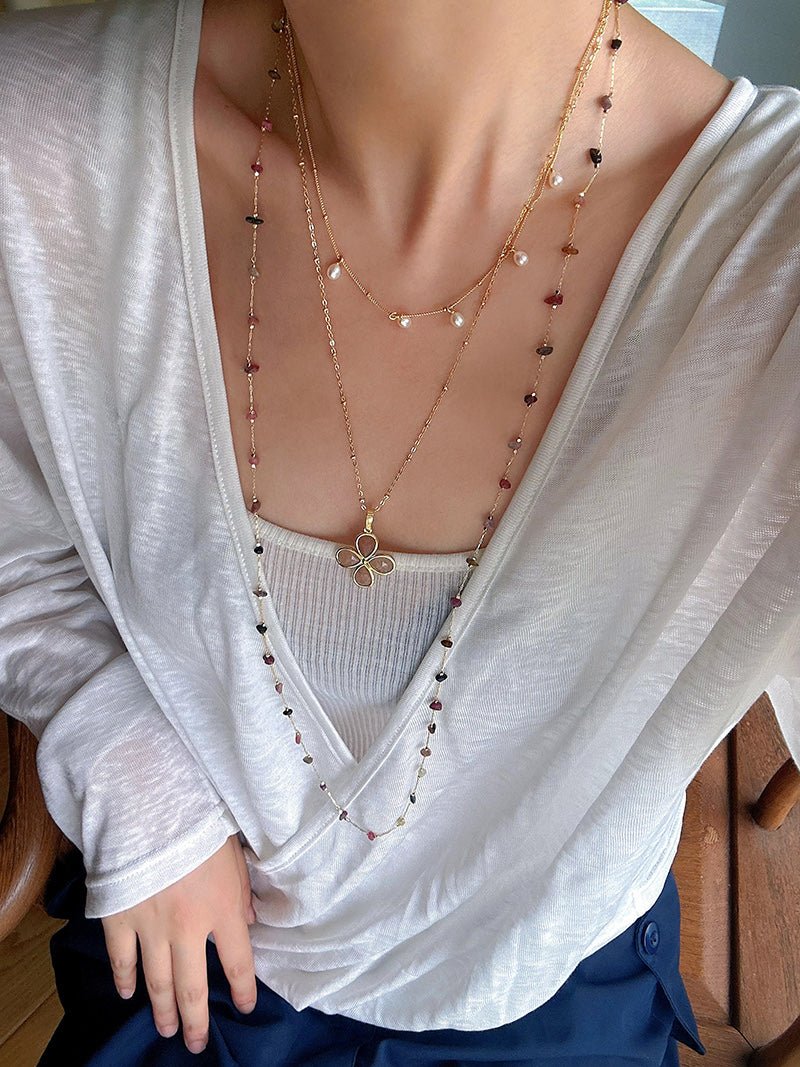 Colorful Chip Bead Starry Collarbone Necklace (Turquoise & Tourmaline) - floysun