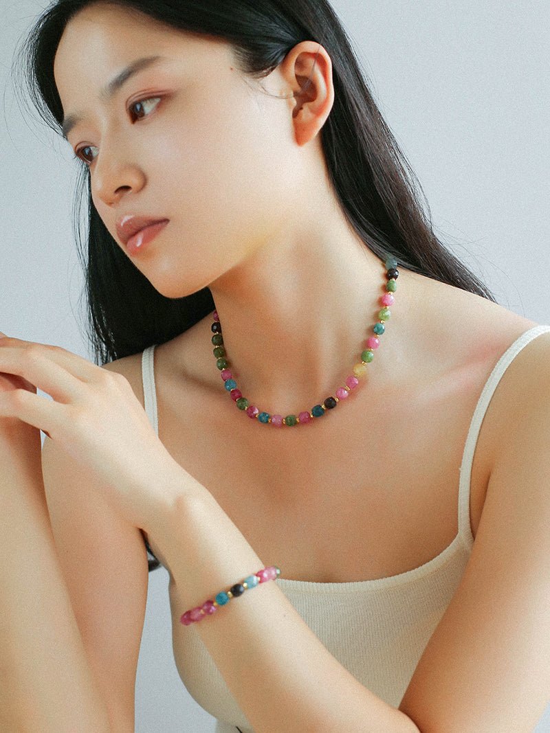 Colorful Dopamine Candy Tourmaline Beaded Necklace - floysun