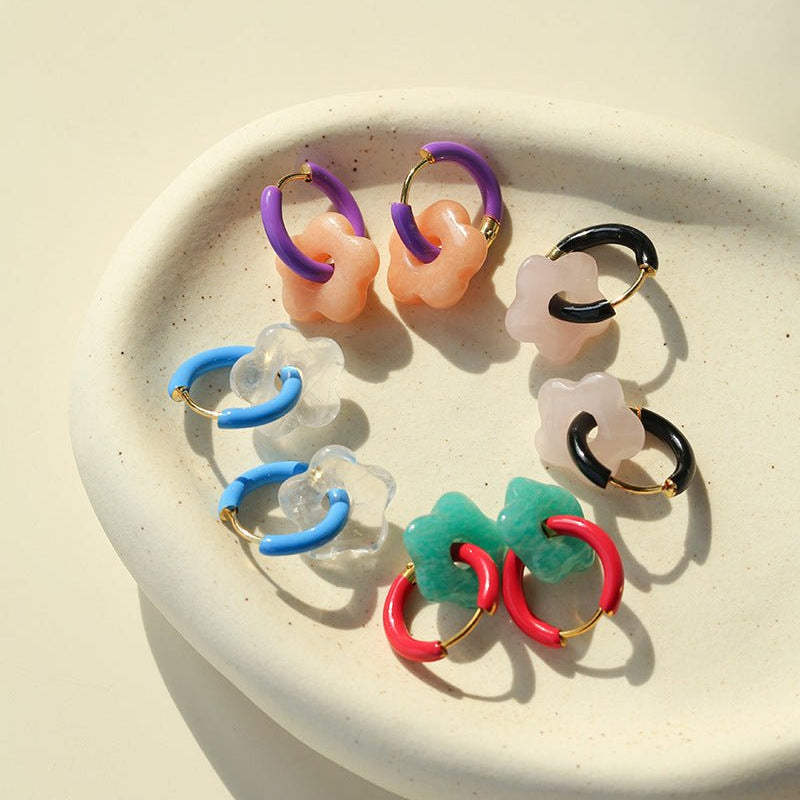 Colorful Enamel Flower Hoop Earrings - floysun