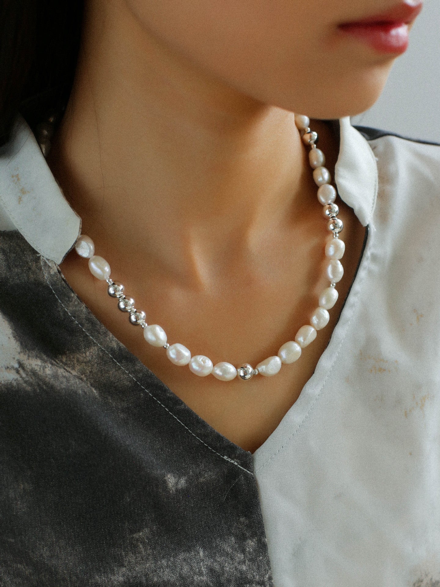 Colorful Freshwater Pearl and Silver Ball Beaded Necklace - floysun