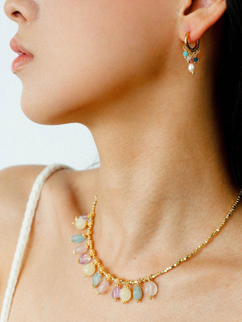 Colorful Gemstone & Pearl Tassel Hoop Earrings - floysun