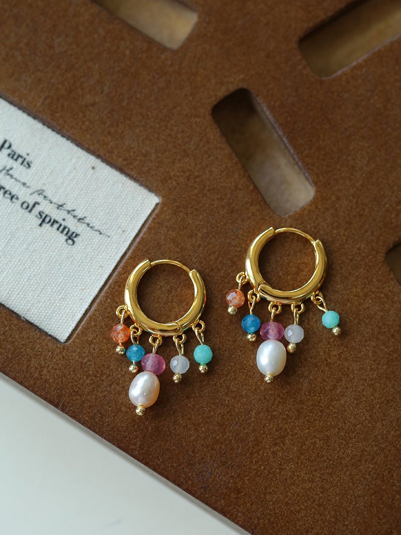 Colorful Gemstone & Pearl Tassel Hoop Earrings - floysun