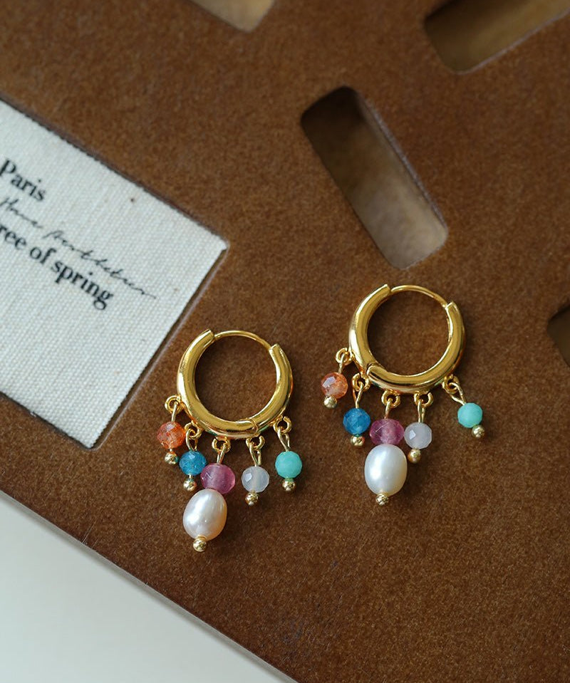 Colorful Gemstone & Pearl Tassel Hoop Earrings - floysun