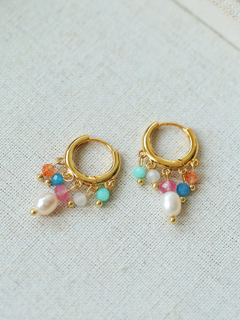 Colorful Gemstone & Pearl Tassel Hoop Earrings - floysun