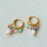 Colorful Gemstone & Pearl Tassel Hoop Earrings - floysun
