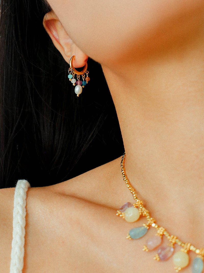 Colorful Gemstone & Pearl Tassel Hoop Earrings - floysun