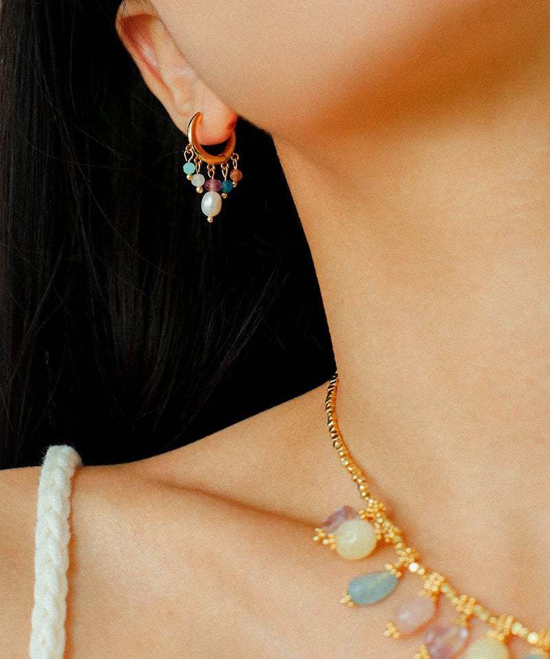 Colorful Gemstone & Pearl Tassel Hoop Earrings - floysun