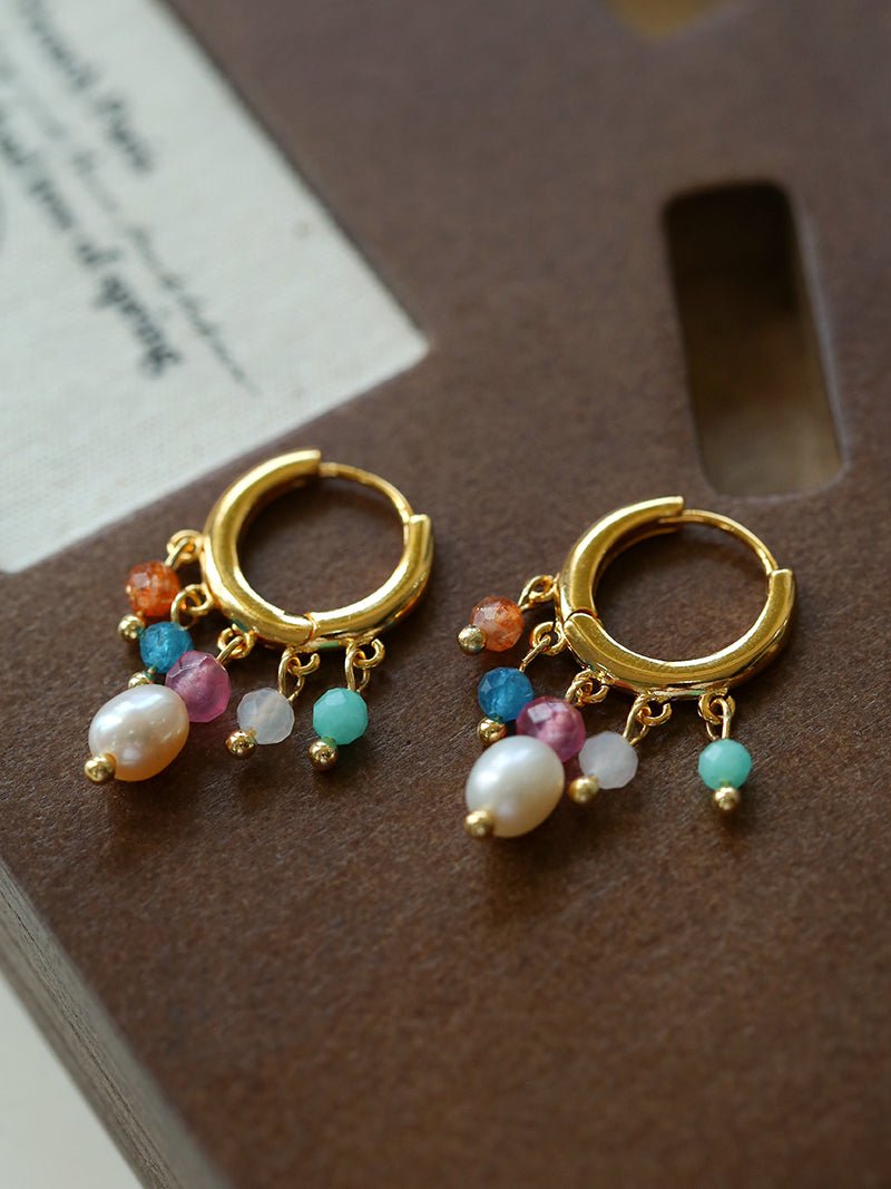 Colorful Gemstone & Pearl Tassel Hoop Earrings - floysun