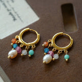 Colorful Gemstone & Pearl Tassel Hoop Earrings - floysun