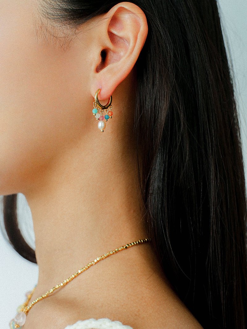 Colorful Gemstone & Pearl Tassel Hoop Earrings - floysun