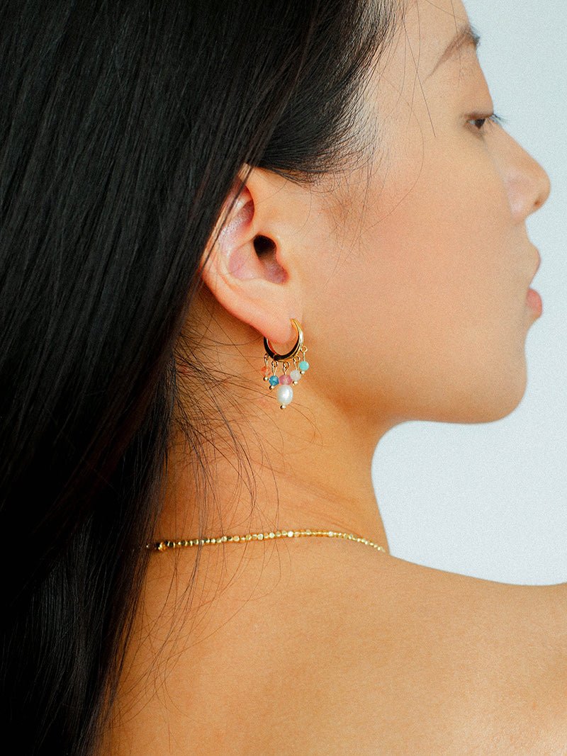 Colorful Gemstone & Pearl Tassel Hoop Earrings - floysun