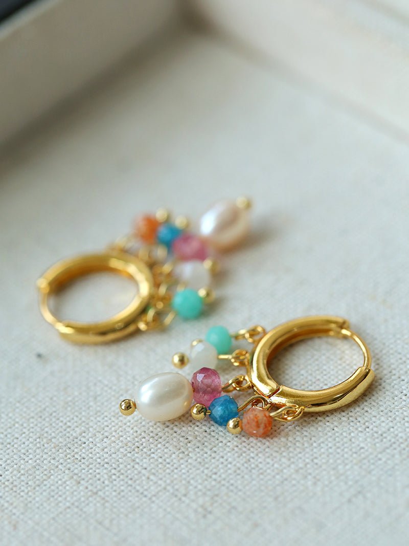 Colorful Gemstone & Pearl Tassel Hoop Earrings - floysun