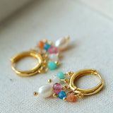 Colorful Gemstone & Pearl Tassel Hoop Earrings - floysun