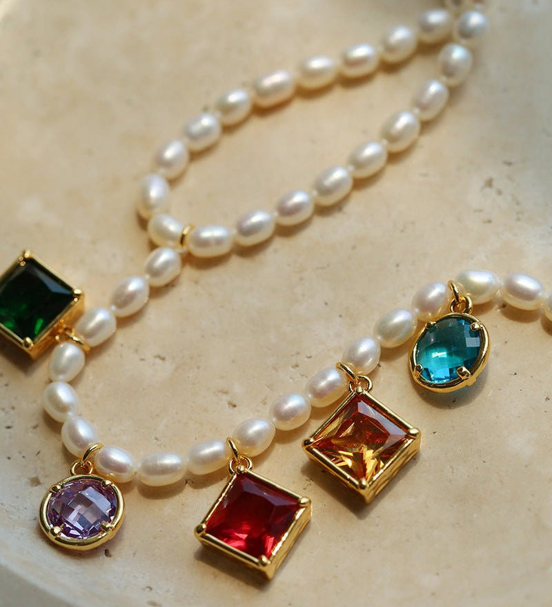 Colorful Geometric Multi - Gemstone Pendant and Pearl Y - shaped Necklace - floysun