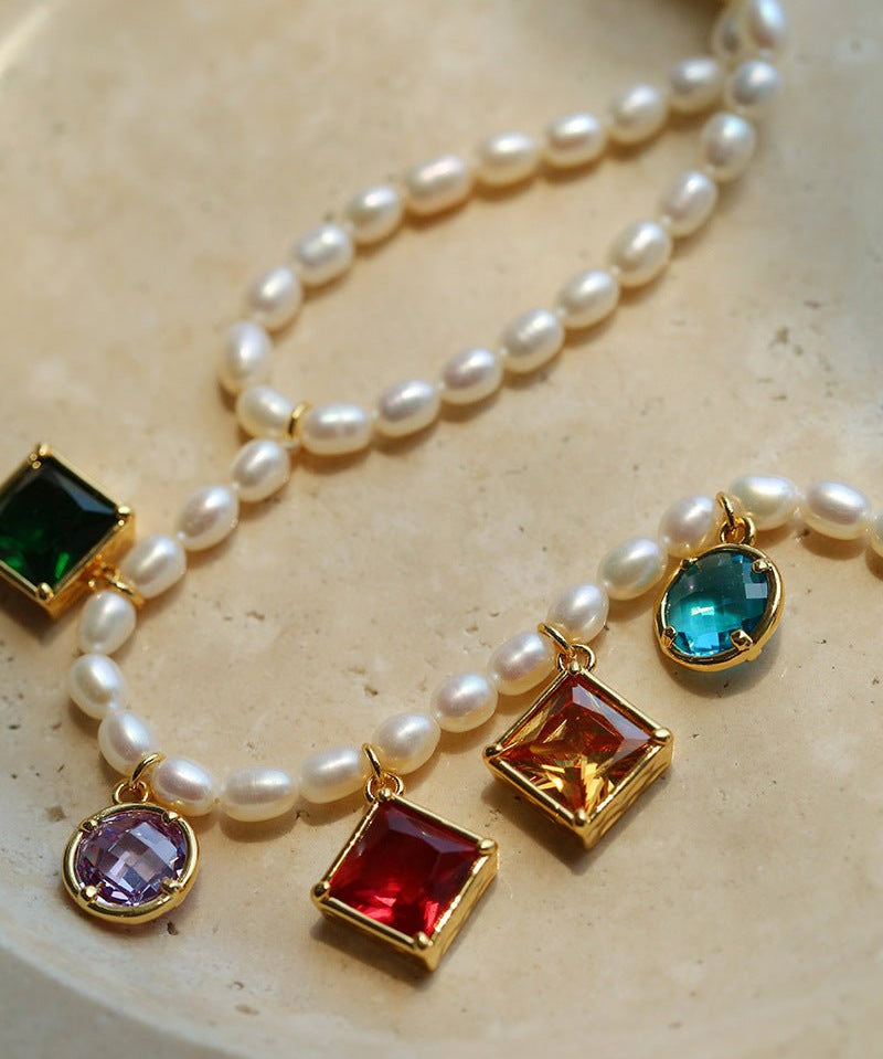 Colorful Geometric Multi - Gemstone Pendant and Pearl Y - shaped Necklace - floysun
