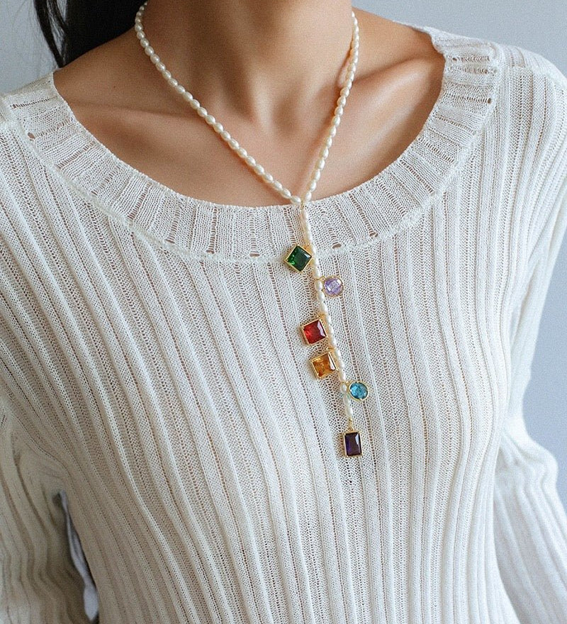 Colorful Geometric Multi - Gemstone Pendant and Pearl Y - shaped Necklace - floysun