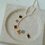 Colorful Geometric Multi - Gemstone Pendant and Pearl Y - shaped Necklace - floysun