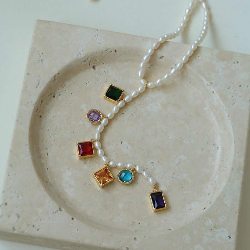 Colorful Geometric Multi - Gemstone Pendant and Pearl Y - shaped Necklace - floysun
