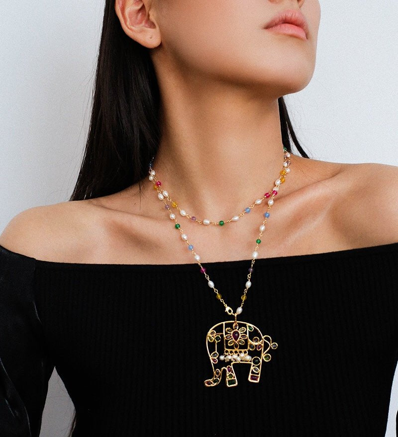 Colorful Handcrafted Glass Elephant Pearl Necklace - floysun