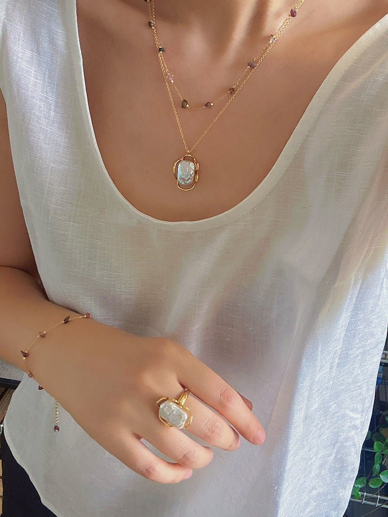 Colorful Natural Chip Bead Starry Collarbone Necklace (Turquoise & Tourmaline) - floysun