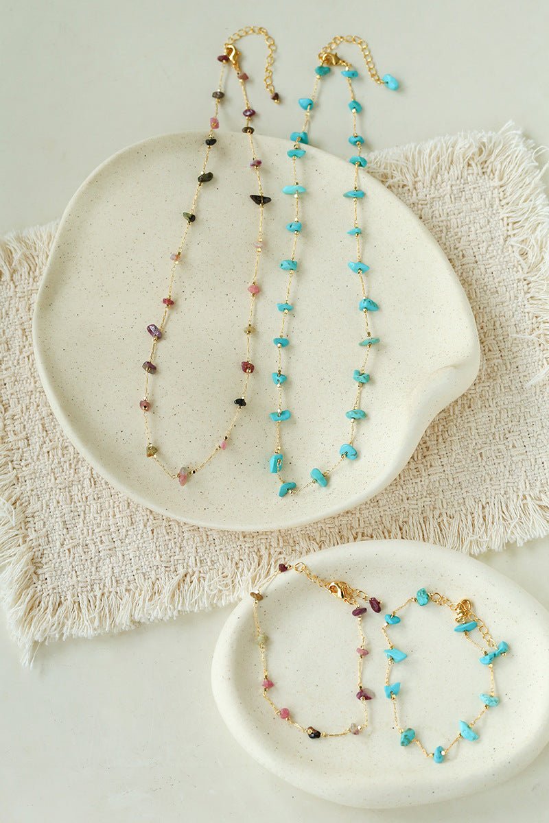Colorful Natural Chip Bead Starry Collarbone Necklace (Turquoise & Tourmaline) - floysun