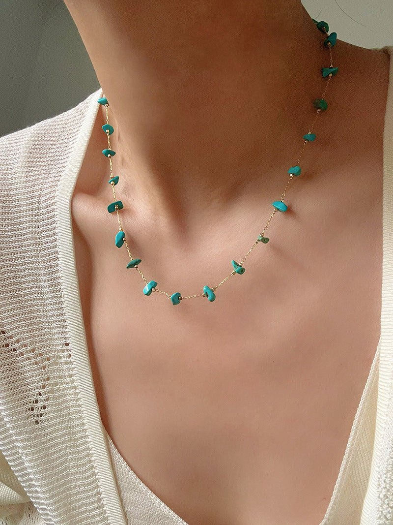 Colorful Natural Chip Bead Starry Collarbone Necklace (Turquoise & Tourmaline) - floysun