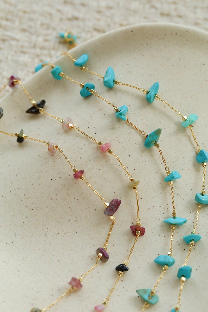 Colorful Natural Chip Bead Starry Collarbone Necklace (Turquoise & Tourmaline) - floysun