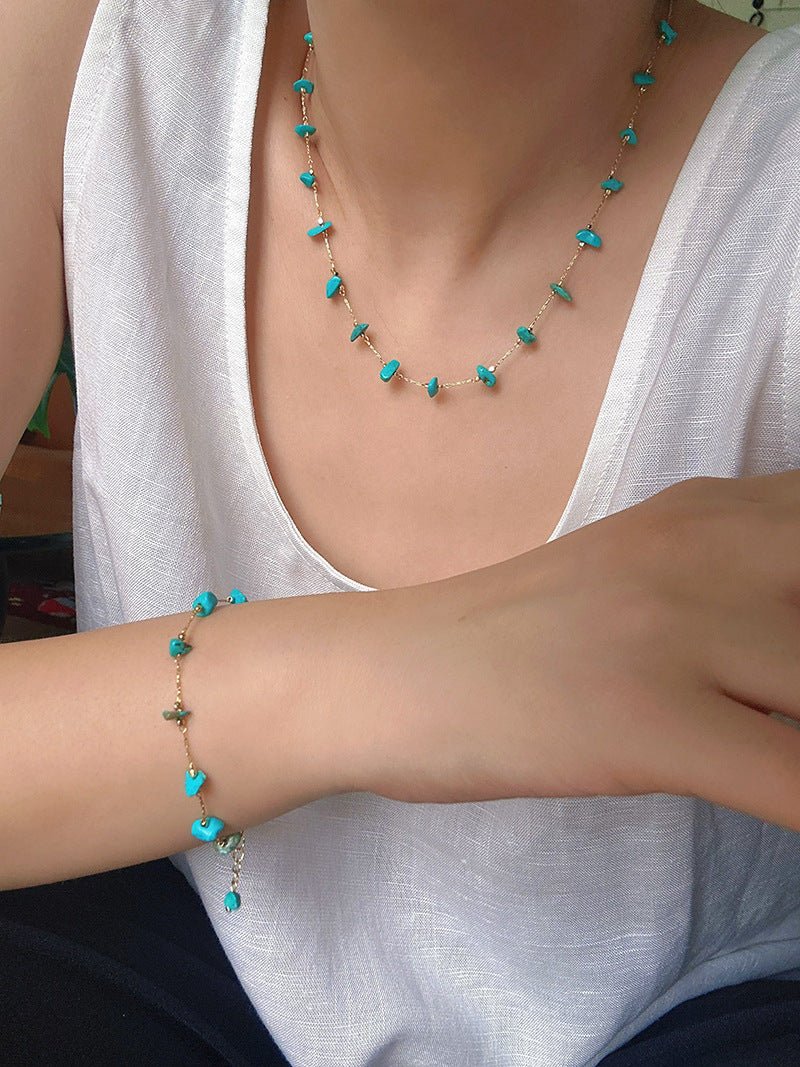 Colorful Natural Chip Bead Starry Collarbone Necklace (Turquoise & Tourmaline) - floysun