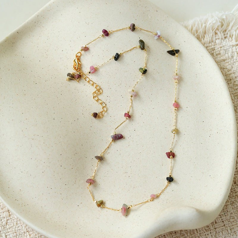 Colorful Natural Chip Bead Starry Collarbone Necklace (Turquoise & Tourmaline) - floysun