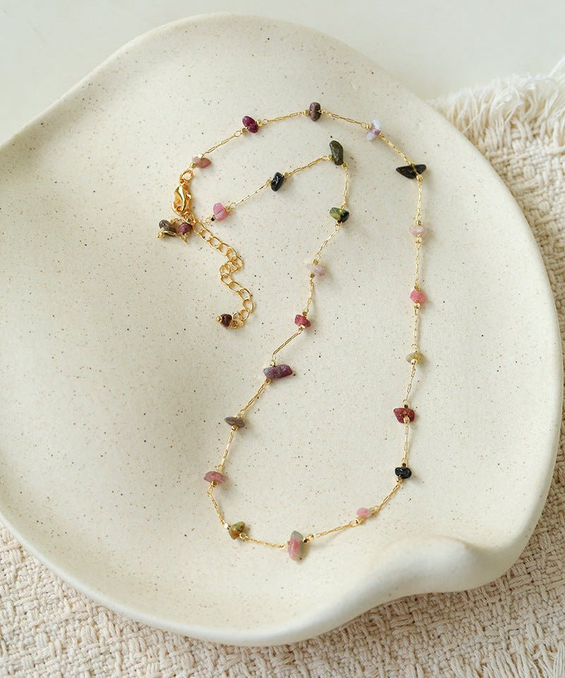 Colorful Natural Chip Bead Starry Collarbone Necklace (Turquoise & Tourmaline) - floysun