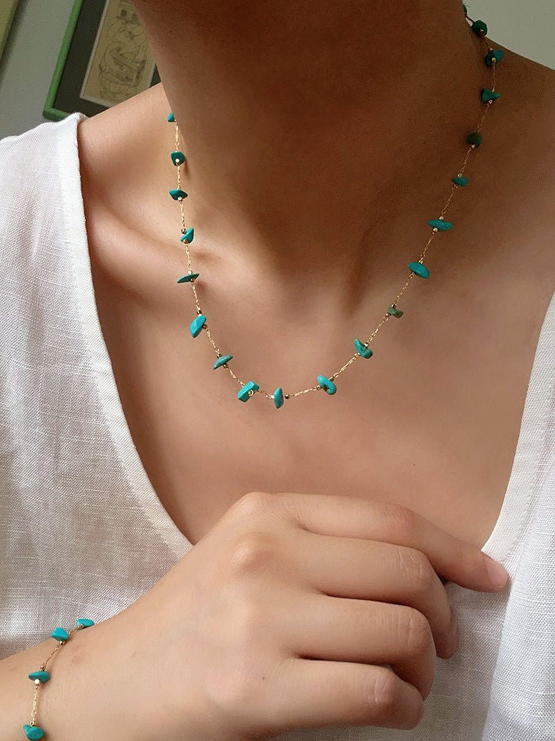 Colorful Natural Chip Bead Starry Collarbone Necklace (Turquoise & Tourmaline) - floysun