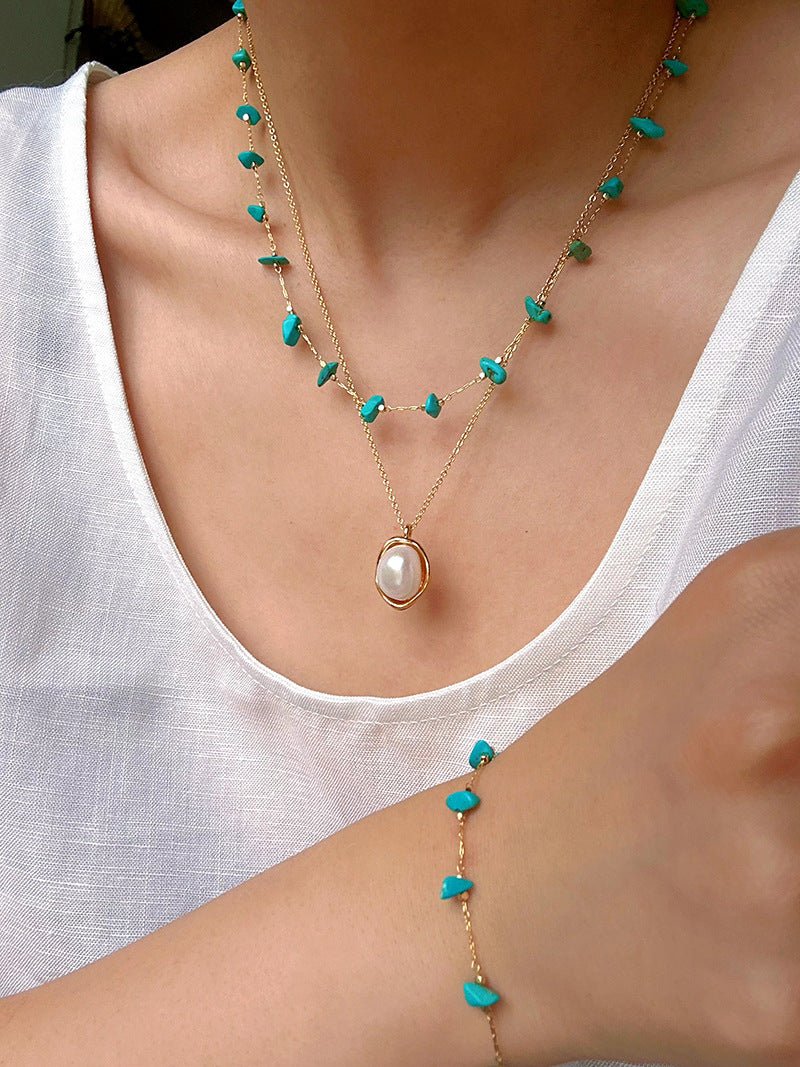 Colorful Natural Chip Bead Starry Collarbone Necklace (Turquoise & Tourmaline) - floysun