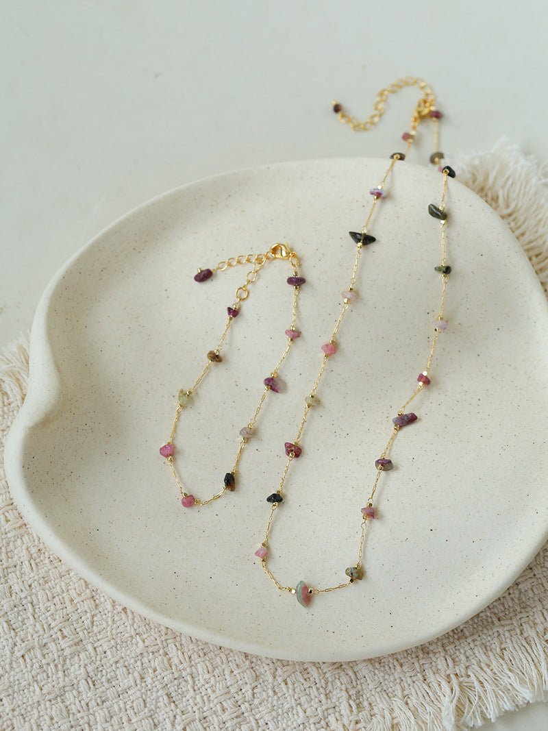 Colorful Natural Chip Bead Starry Collarbone Necklace (Turquoise & Tourmaline) - floysun
