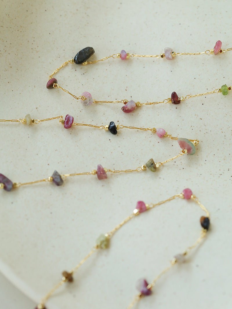 Colorful Natural Chip Bead Starry Collarbone Necklace (Turquoise & Tourmaline) - floysun