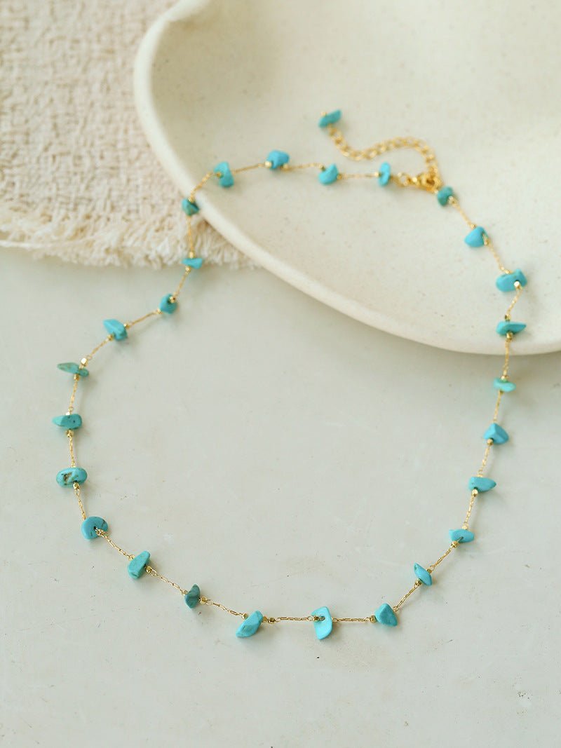 Colorful Natural Chip Bead Starry Collarbone Necklace (Turquoise & Tourmaline) - floysun