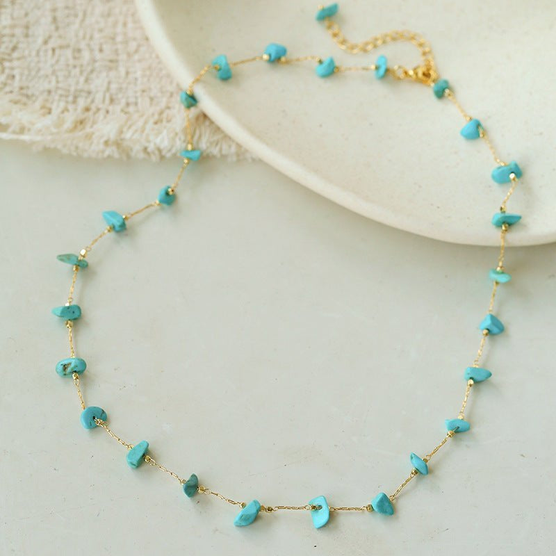 Colorful Natural Chip Bead Starry Collarbone Necklace (Turquoise & Tourmaline) - floysun