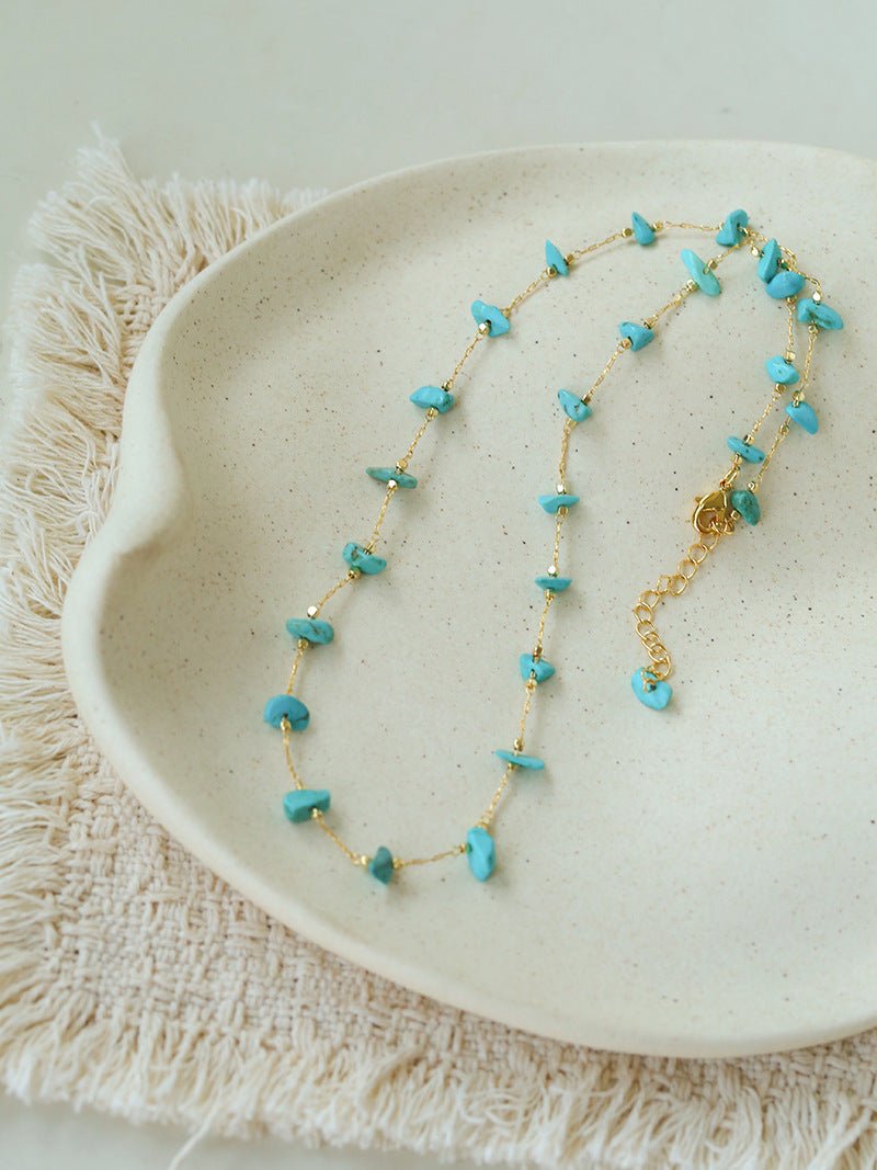 Colorful Natural Chip Bead Starry Collarbone Necklace (Turquoise & Tourmaline) - floysun